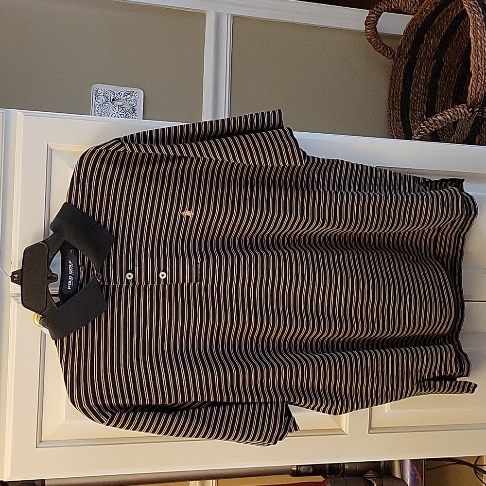 Ralph Lauren Polo Golf black tan striped shirt short slv 100% Pima Cotton L EUC…